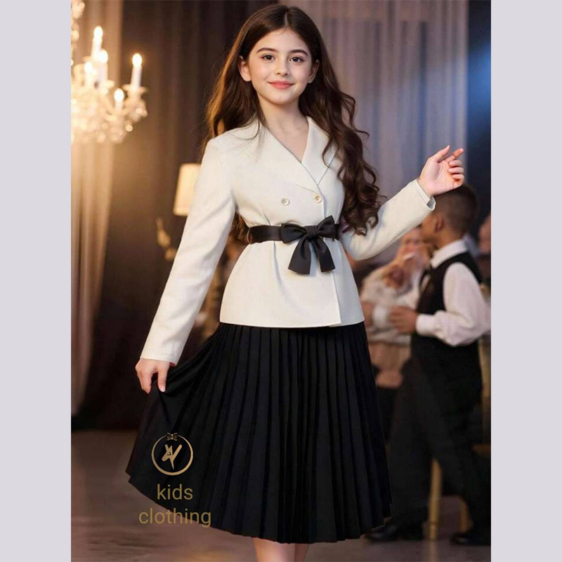ست سه تیکه دخترانه کت دامن و کمربند جنس مازراتی
